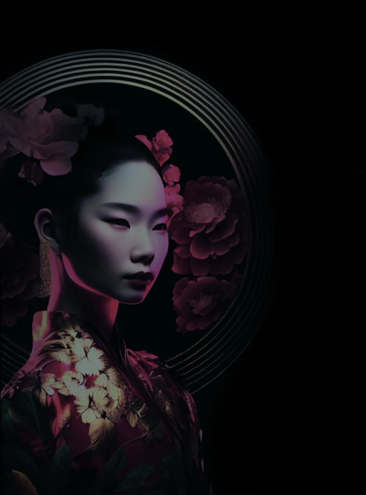 Böser Chinese — portrait in a red-and-gold kimono before a golden halo